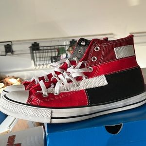 Red, black, and white converse